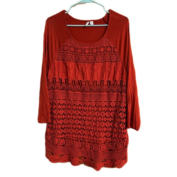 Cato Tops - Cato’s Chic Deep Orange Crochet Tunic Top Size XL
